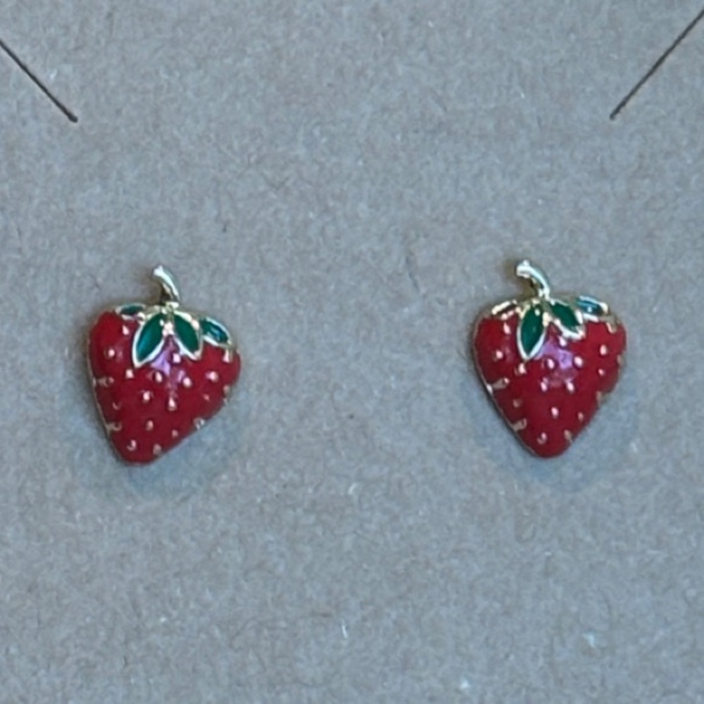 Red Strawberry Enamel Stud Earrings with Gold Accents
